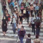 A bird's eye view of a busy crosswalk