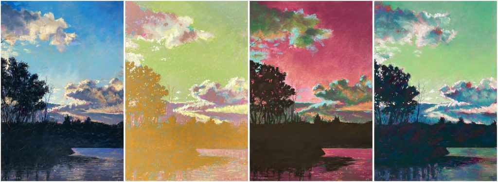 A tetraptych of a landscape painting done in 4 different colour palettes