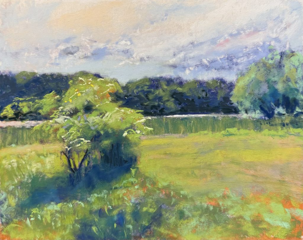Pastel painting of a lush green fields with trees and flecks of orange and a pond wth reflections in the background