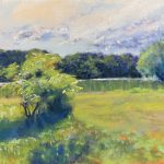 Pastel painting of a lush green fields with trees and flecks of orange and a pond wth reflections in the background