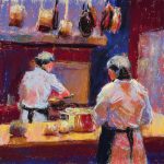 Pastel painting of two chefs prepping dinner in a commercial kitchen