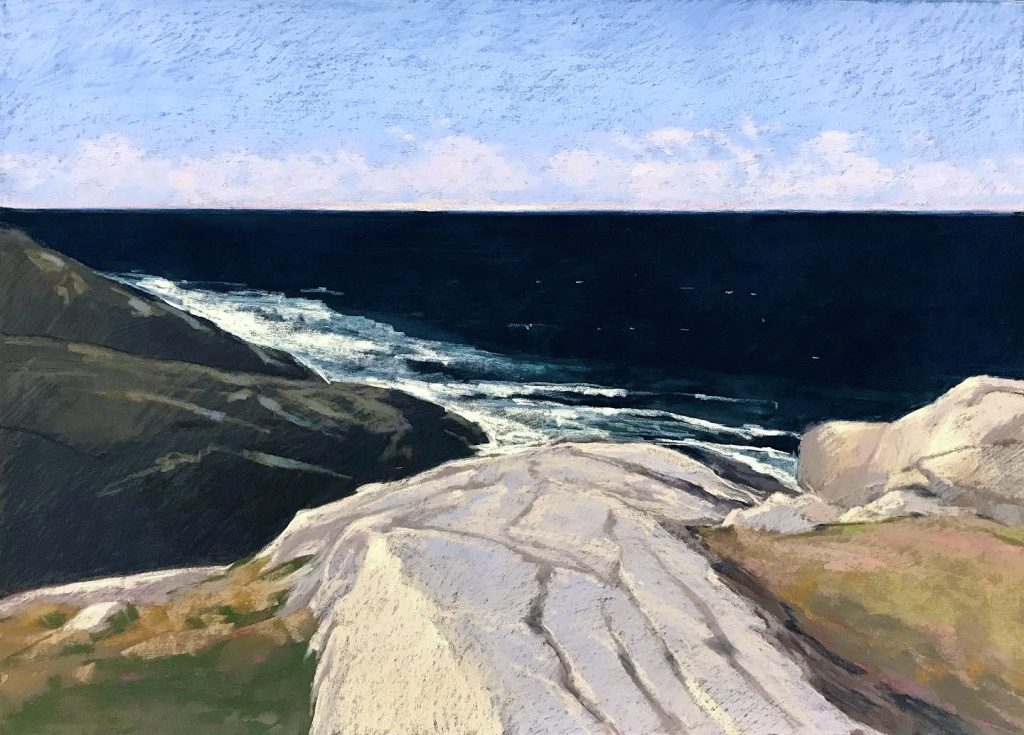 A rocky ledge leading the eye back through the painting to the waves hitting the Peggy's Cove shoreline below