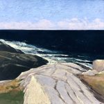 A rocky ledge leading the eye back through the painting to the waves hitting the Peggy's Cove shoreline below