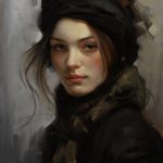 Pastel painting of a young woman with fair skin and dark hair loose around her face in a warm hat, scarf, and coat looking directly at the viewer
