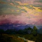 Pastel painting of a sunset sky gently reflected in the shadowed creek below