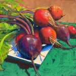 A vibrant pastel painting of beets in shades of purple, red, and orange on a green tablecloth