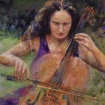 Pastel painting of a woman in a purple dress playing a cello