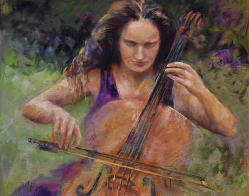 Pastel painting of a woman in a purple dress playing a cello