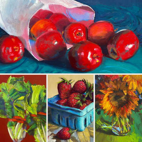 A collage of still life paintings including a bushel of red apples falling out of a white bag, heads of lettuce wrapped in red twine, a basket of strawberries, and large sunflowers in a glass vase