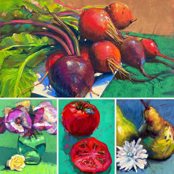 A collage of vibrant still life paintings including a bushel of beets, magnolias in a glass vase, a sliced tomato, and pears with a white flower